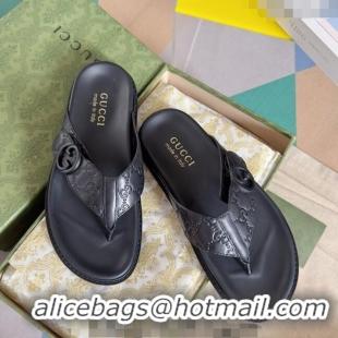 Famous Brand Gucci Men's GG Leather Flat Thong Slide Sandals 0427 Black 2024