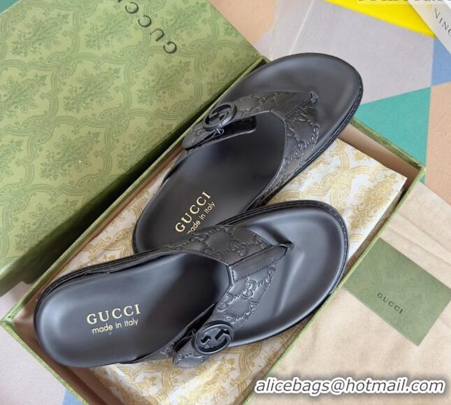 Famous Brand Gucci Men's GG Leather Flat Thong Slide Sandals 0427 Black 2024