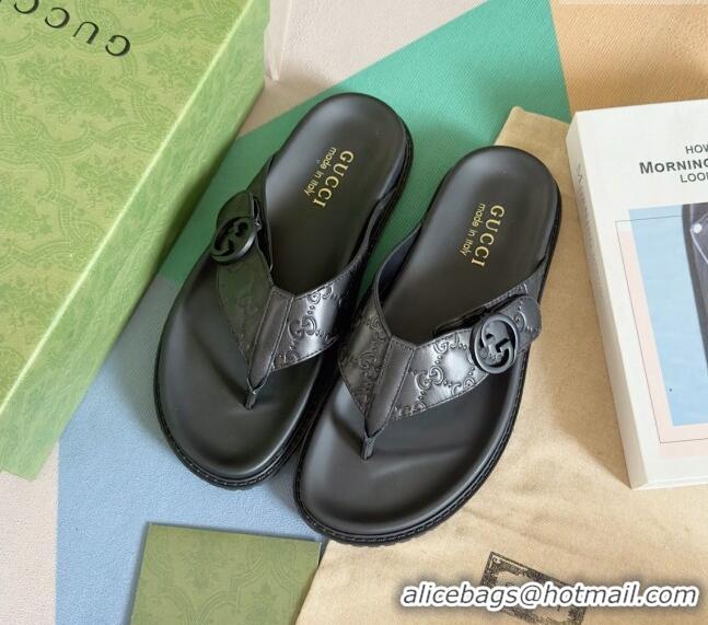 Famous Brand Gucci Men's GG Leather Flat Thong Slide Sandals 0427 Black 2024