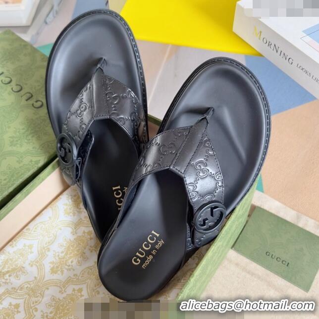 Famous Brand Gucci Men's GG Leather Flat Thong Slide Sandals 0427 Black 2024