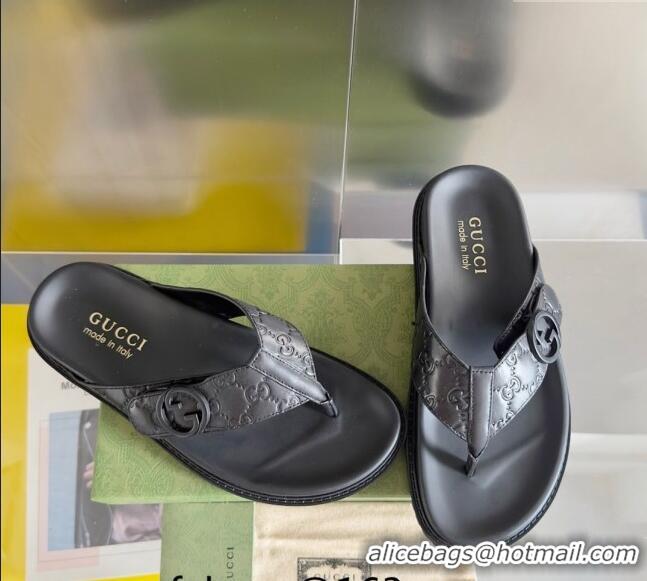 Famous Brand Gucci Men's GG Leather Flat Thong Slide Sandals 0427 Black 2024