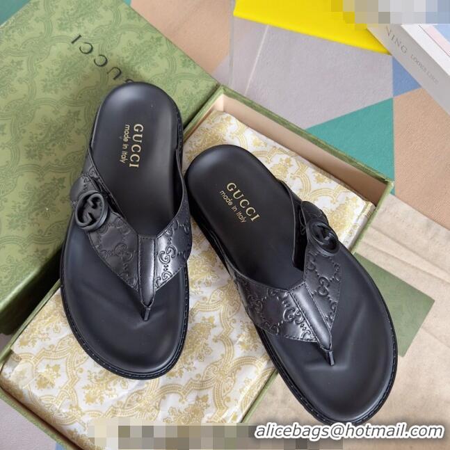 Famous Brand Gucci Men's GG Leather Flat Thong Slide Sandals 0427 Black 2024