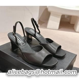 Duplicate Chanel Lambskin Heel Sandals 5.5cm G45619 Black 424172