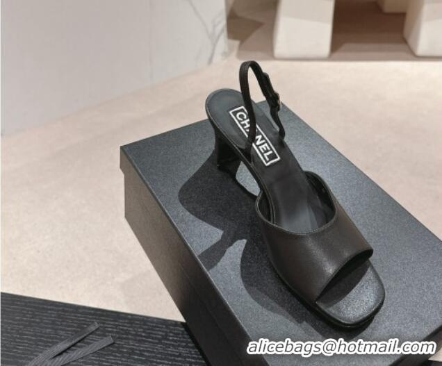 Duplicate Chanel Lambskin Heel Sandals 5.5cm G45619 Black 424172