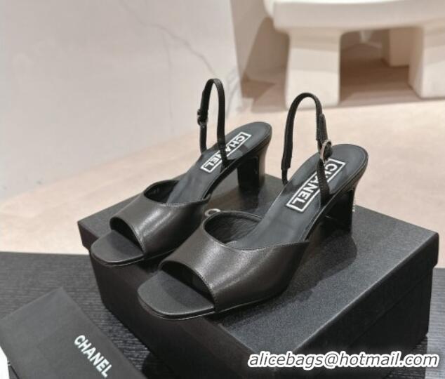 Duplicate Chanel Lambskin Heel Sandals 5.5cm G45619 Black 424172