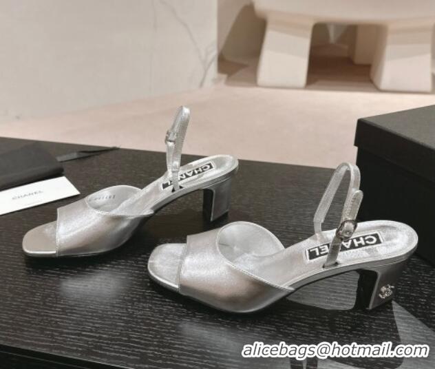 Stylish Chanel Lambskin Heel Sandals 5.5cm G45619 Silver 424173