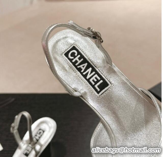 Stylish Chanel Lambskin Heel Sandals 5.5cm G45619 Silver 424173