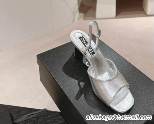 Stylish Chanel Lambskin Heel Sandals 5.5cm G45619 Silver 424173