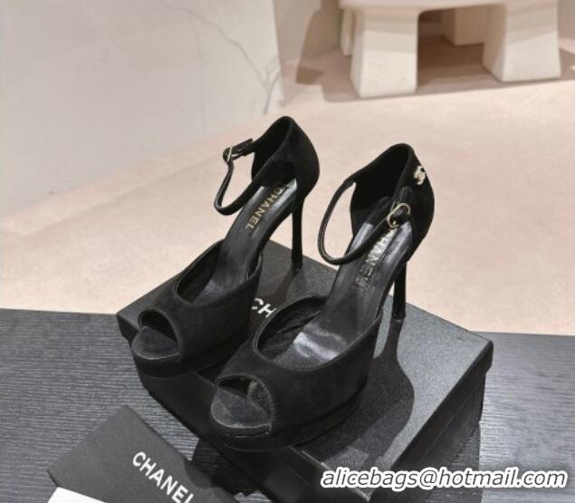 Best Price Chanel Suede Platform High Heel Sandals Black 424174