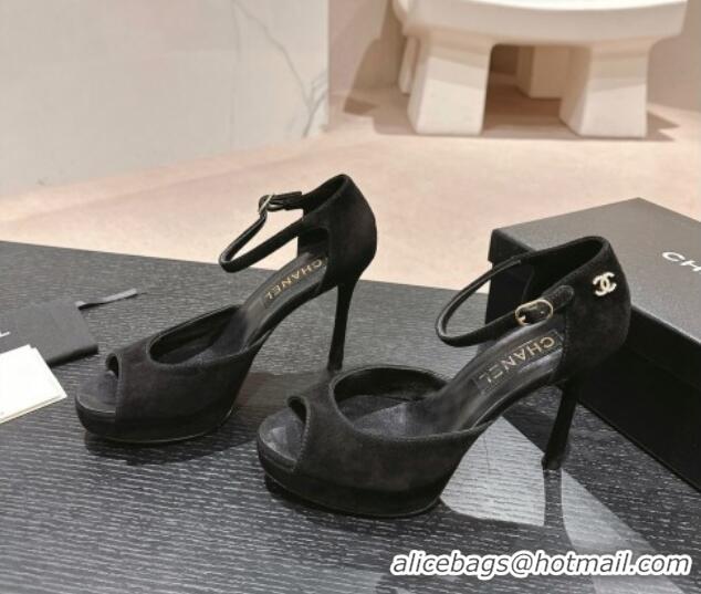 Best Price Chanel Suede Platform High Heel Sandals Black 424174