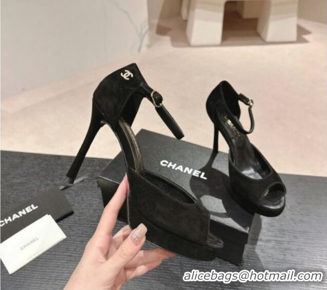 Best Price Chanel Suede Platform High Heel Sandals Black 424174