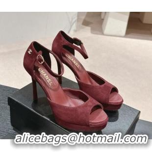 Perfect Chanel Suede Platform High Heel Sandals Burgundy 424175