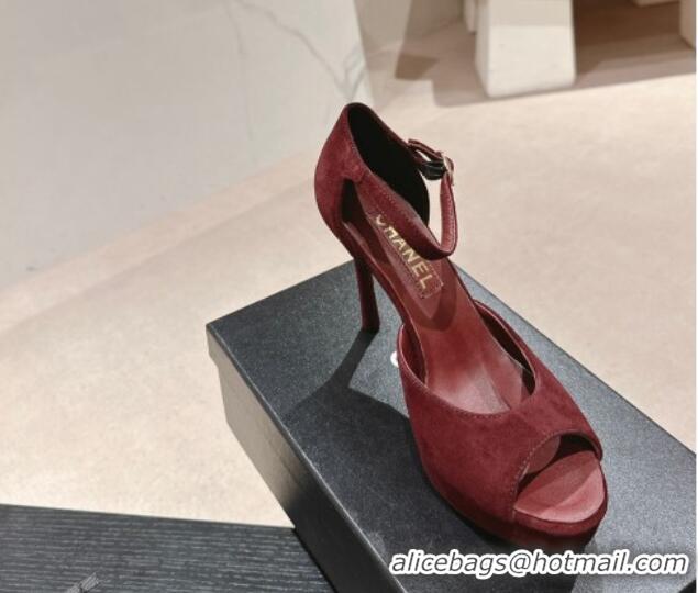 Perfect Chanel Suede Platform High Heel Sandals Burgundy 424175