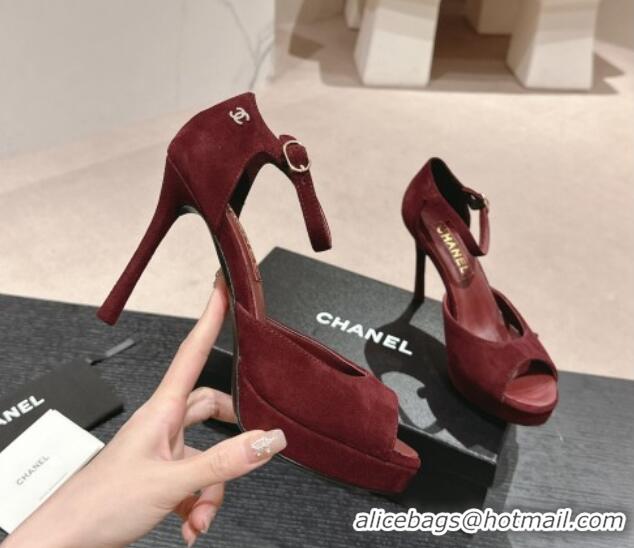 Perfect Chanel Suede Platform High Heel Sandals Burgundy 424175