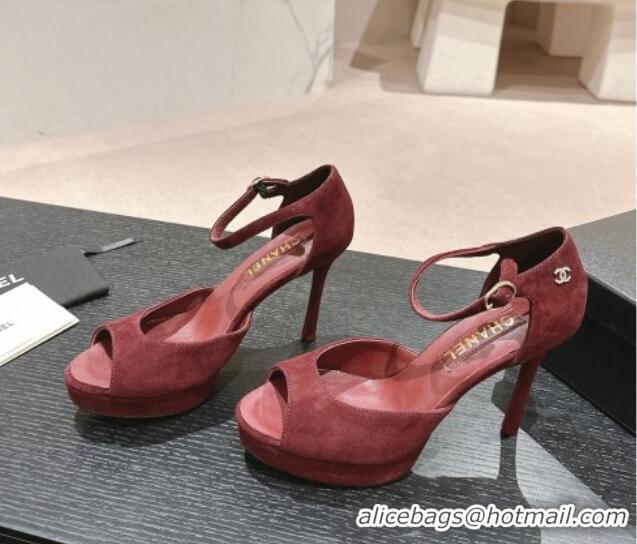 Perfect Chanel Suede Platform High Heel Sandals Burgundy 424175