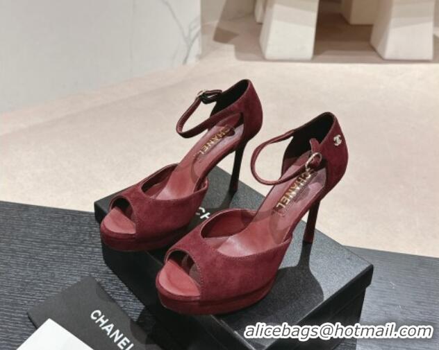 Perfect Chanel Suede Platform High Heel Sandals Burgundy 424175