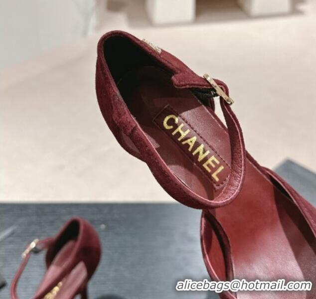 Perfect Chanel Suede Platform High Heel Sandals Burgundy 424175