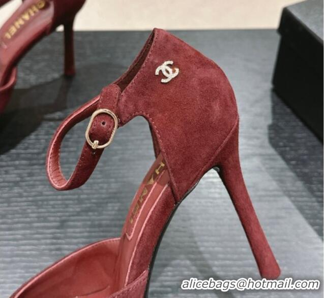 Perfect Chanel Suede Platform High Heel Sandals Burgundy 424175