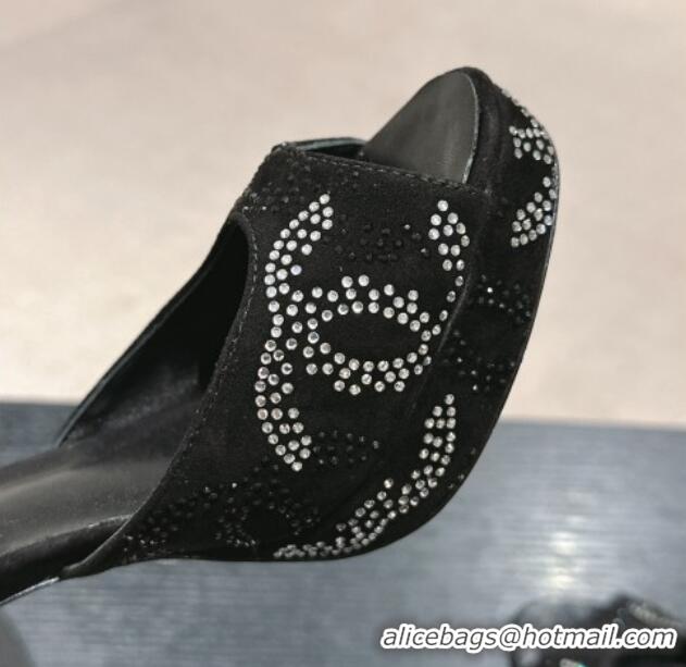 Good Quality Chanel Suede Platform High Heel Sandals with Crystals Black 424176