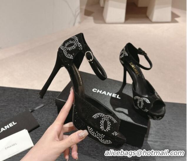 Good Quality Chanel Suede Platform High Heel Sandals with Crystals Black 424176