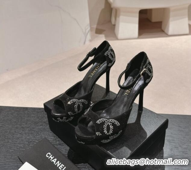 Good Quality Chanel Suede Platform High Heel Sandals with Crystals Black 424176