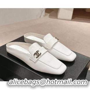 Sophisticated Chanel Shiny Calfskin Flat Mules White 424177