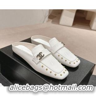 Stylish Chanel Shiny Calfskin Flat Mules with Pearls White 424179