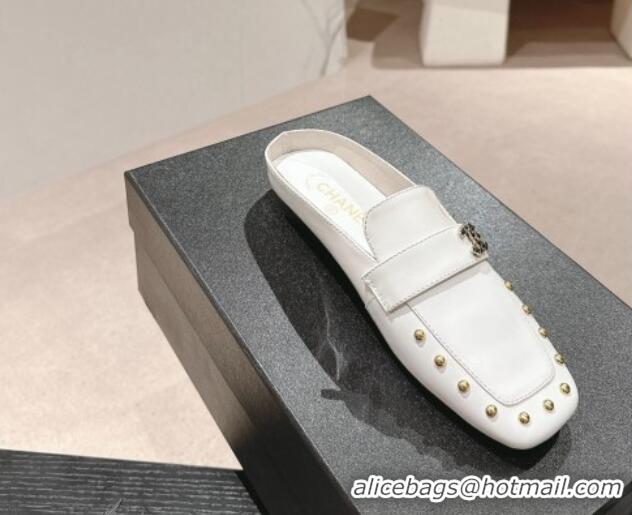 Stylish Chanel Shiny Calfskin Flat Mules with Pearls White 424179