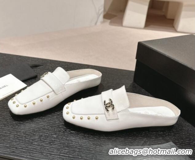 Stylish Chanel Shiny Calfskin Flat Mules with Pearls White 424179