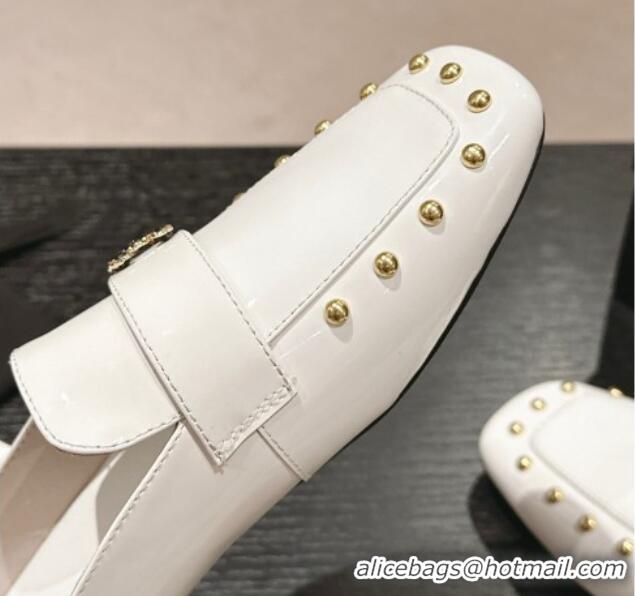 Stylish Chanel Shiny Calfskin Flat Mules with Pearls White 424179