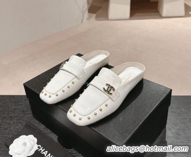 Stylish Chanel Shiny Calfskin Flat Mules with Pearls White 424179