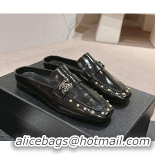 Sumptuous Chanel Shiny Calfskin Flat Mules with Pearls Black 424180