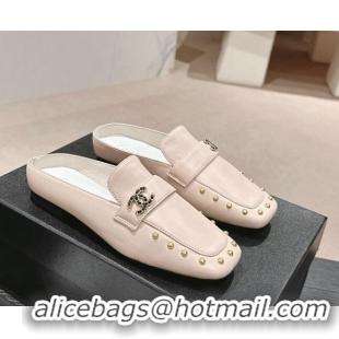 Luxury Chanel Calfskin Leather Flat Mules with Pearls Pink 424181