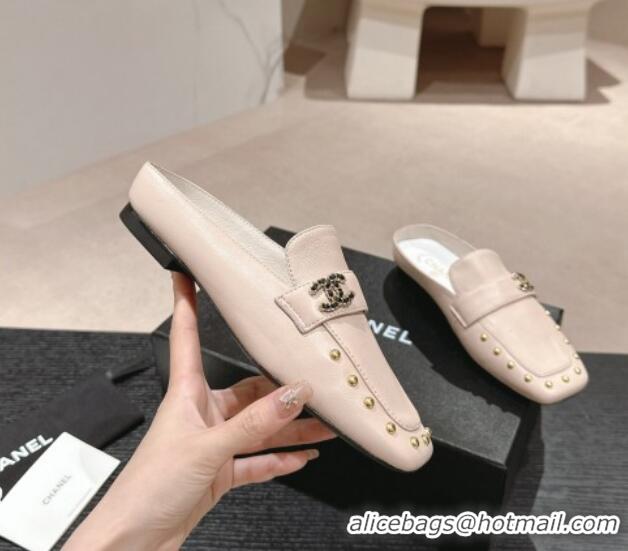 Luxury Chanel Calfskin Leather Flat Mules with Pearls Pink 424181