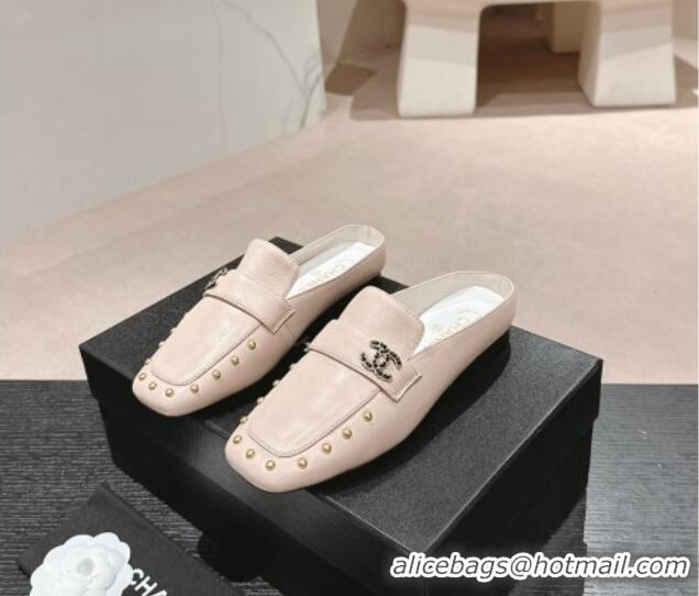 Luxury Chanel Calfskin Leather Flat Mules with Pearls Pink 424181