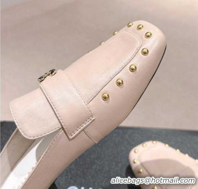 Luxury Chanel Calfskin Leather Flat Mules with Pearls Pink 424181