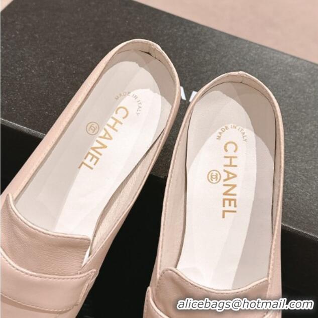 Luxury Chanel Calfskin Leather Flat Mules with Pearls Pink 424181