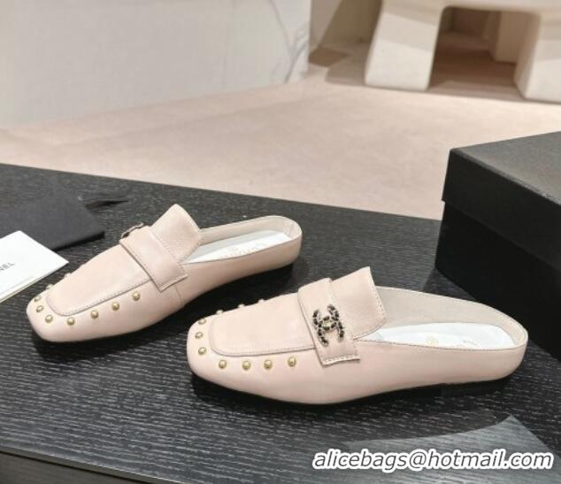 Luxury Chanel Calfskin Leather Flat Mules with Pearls Pink 424181