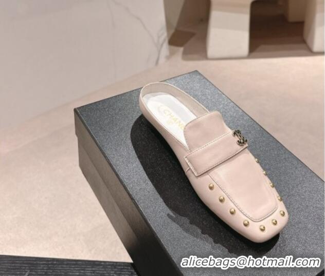 Luxury Chanel Calfskin Leather Flat Mules with Pearls Pink 424181