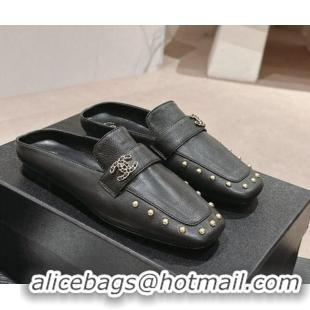 Purchase Chanel Calfskin Leather Flat Mules with Pearls Black 424182 