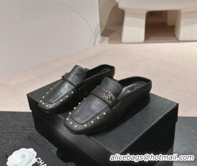 Purchase Chanel Calfskin Leather Flat Mules with Pearls Black 424182 