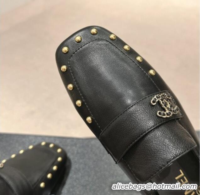 Purchase Chanel Calfskin Leather Flat Mules with Pearls Black 424182 