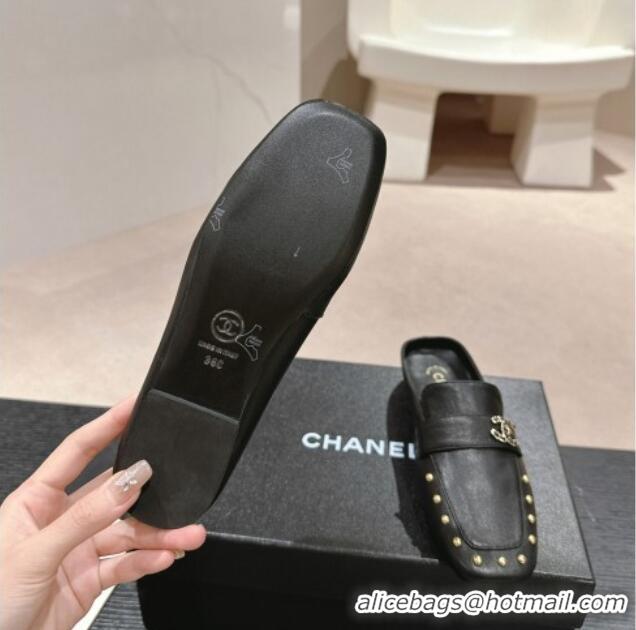 Purchase Chanel Calfskin Leather Flat Mules with Pearls Black 424182 