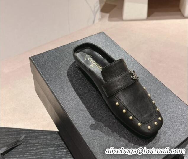 Purchase Chanel Calfskin Leather Flat Mules with Pearls Black 424182 