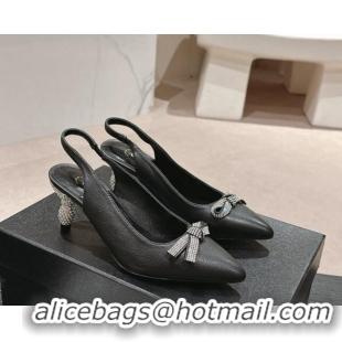 Good Quality Chanel Calfskin Slingbacks Pumps 6.5cm with Bow and Crystals Black 424183 