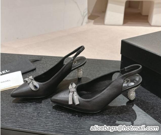 Good Quality Chanel Calfskin Slingbacks Pumps 6.5cm with Bow and Crystals Black 424183 