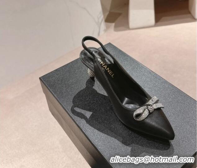 Good Quality Chanel Calfskin Slingbacks Pumps 6.5cm with Bow and Crystals Black 424183 