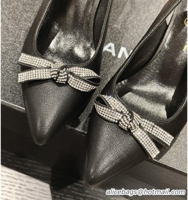 Good Quality Chanel Calfskin Slingbacks Pumps 6.5cm with Bow and Crystals Black 424183 