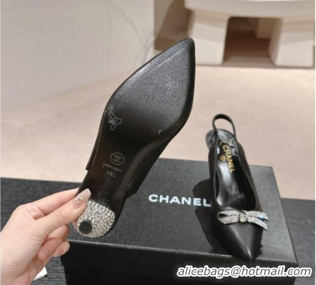 Good Quality Chanel Calfskin Slingbacks Pumps 6.5cm with Bow and Crystals Black 424183 