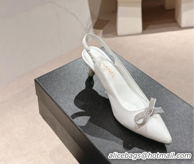 Best Product Chanel Calfskin Slingbacks Pumps 6.5cm with Bow and Crystals White 424184